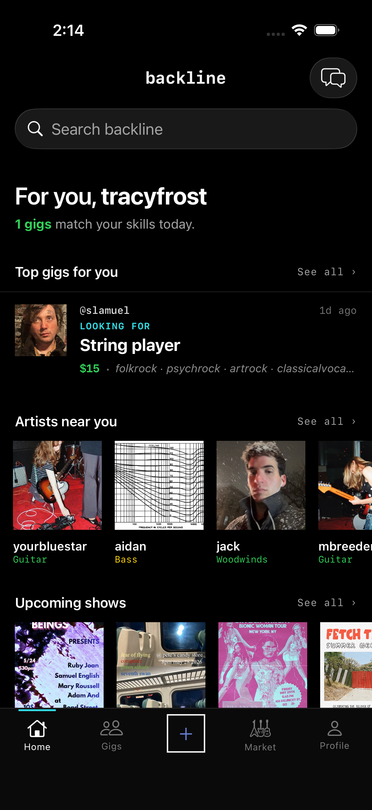 Backline iOS app — home screen showing top gigs, artists near you, and upcoming shows